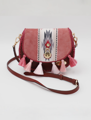 Crimson Sunset: Artisanal Western Tassel Handbag Infused with Pink Aztec Patterns