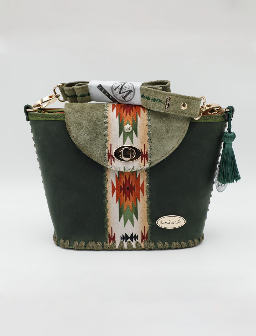 Sage Serenity: Handmade Western Tassel Handbag with Green Aztec Motifs