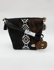 Midnight Mesa: Handcrafted Western Tassel Handbag Set with Black and Brown Aztec Flair