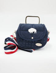 Wyoming-Inspired Navy Blue Macrame Handbag – White Bison Detail, Premium Quality, Velvet Lining, Red & Navy Strap