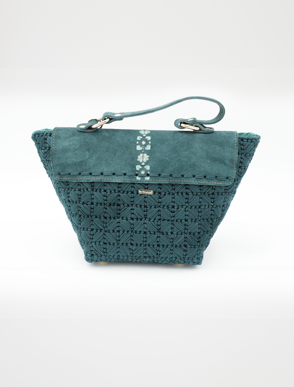 Emerald Green Suede Leather Handbag with Macrame Cord & Velvet Lining – Premium Quality, Light Gold Accents