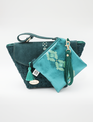 Emerald Green Suede Leather Handbag with Macrame Cord & Velvet Lining – Premium Quality, Light Gold Accents